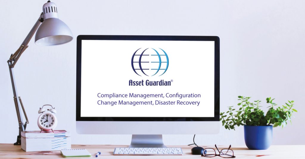 Computer displaying the Asset Guardian logo and services: Compliance management, Configuration Change Management, Disaster Recovery Solutions